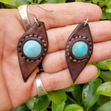 Boho Leather Earring with Turquoise Stone Setting (4436975747126)