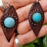 Boho Leather Earring with Turquoise Stone Setting (4436975747126)
