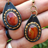 Boho Leather Earring with Brown Agate Stone Setting (4436986658870)