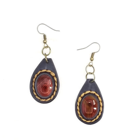 Boho Leather Earring with Brown Agate Stone Setting (4436986658870)
