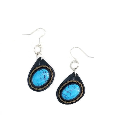 Boho Leather Earring with Turquoise Stone Setting (4437003108406)