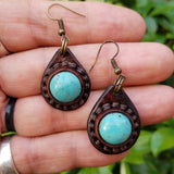 Boho Leather Earring with Turquoise Stone Setting (4437048426550)
