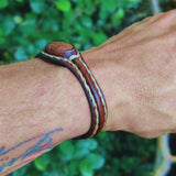 Boho Handcrafted Genuine Vegetal Leather Bracelet with Gold Stone Setting-Unique Gift Fashion Jewelry Cuff