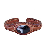Boho Handcrafted Genuine Vegetal Brown Leather Bracelet with Black and White Agate Stone-Unique Gift Fashion Jewelry Cuff