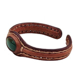 Boho Handcrafted Genuine Brown Vegetal Leather Bracelet with Green Agate Stone-Fashion Jewelry Cuff