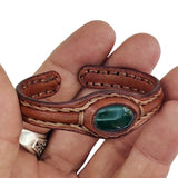 Boho Handcrafted Genuine Brown Vegetal Leather Bracelet with Green Agate Stone-Fashion Jewelry Cuff