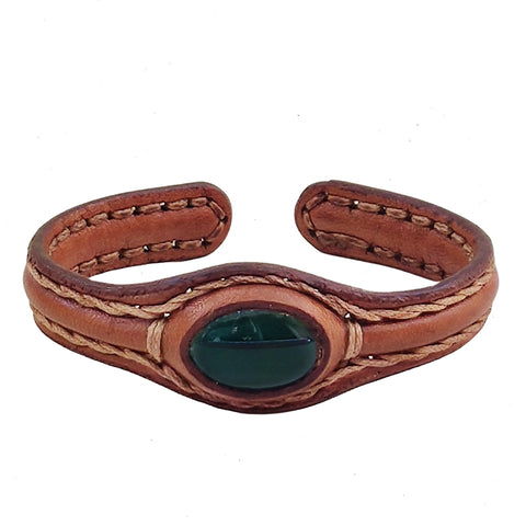 Boho Handcrafted Genuine Brown Vegetal Leather Bracelet with Green Agate Stone-Fashion Jewelry Cuff