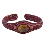 Handcrafted Brown Genuie Vegetal Leather Barcelet with Tiger Eye Agate Stone - Cuff -  Tiger Eye Naturel Stone Design Bracelet