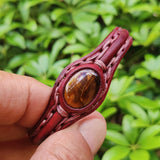 Handcrafted Brown Genuie Vegetal Leather Barcelet with Tiger Eye Agate Stone - Cuff -  Tiger Eye Naturel Stone Design Bracelet