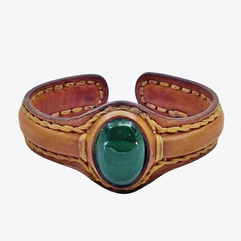 Boho Handcrafted Genuine Vegetal Brown Vegetal Brown Leather Bracelet with Green Agate Stone-Unique Gift Fashion Jewelry Cuff