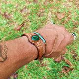 Boho Handcrafted Genuine Vegetal Brown Vegetal Brown Leather Bracelet with Green Agate Stone-Unique Gift Fashion Jewelry Cuff