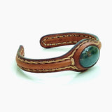 Handcrafted Genuine Brown Leather Bracelet with Green Moss Agate Stone-Unisex Gift Fashion Jewelry Cuff