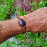 Handcrafted Genuine Brown Leather Bracelet with Green Moss Agate Stone-Unisex Gift Fashion Jewelry Cuff