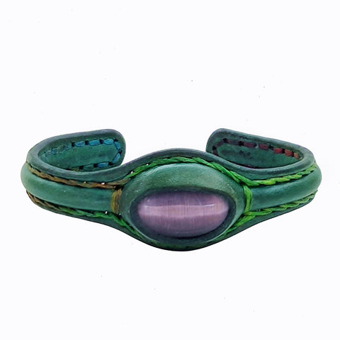Handcrafted Genuine Green Leather Bracelet with Gray Cat Eye Agate Stone-Unisex Gift leather Bracelet Cuff