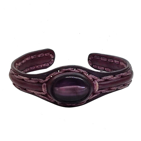 Handcrafted Genuine Leather Bracelet with Purple Cat Eye Stone-Gift Unisex Fashion leather Bracelet Cuff