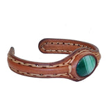 Handcrafted Genuine Brown Leather Bracelet with Green Agate Stone-Unisex Gift Fashion Jewelry with Naturel Stone Cuff