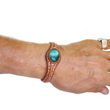 Handcrafted Genuine Brown Leather Bracelet with Green Agate Stone-Unisex Gift Fashion Jewelry with Naturel Stone Cuff