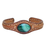 Handcrafted Genuine Brown Leather Bracelet with Green Agate Stone-Unisex Gift Fashion Jewelry with Naturel Stone Cuff
