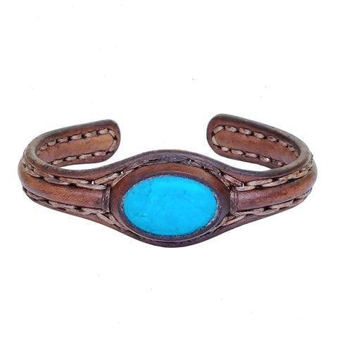 Handcrafted Genuine Leather Bracelet with Firuze Stone-Unisex Gift Fashion Jewelry with Natural Stone Bracelet Cuff