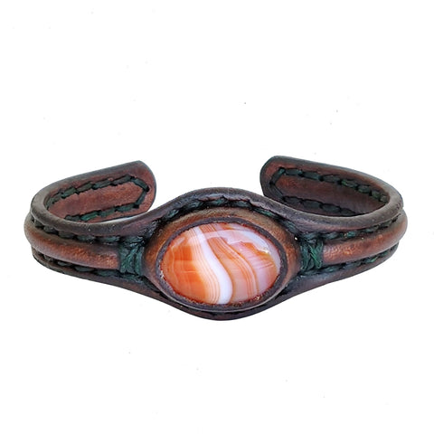 Handcrafted Genuine Leather Bracelet with Amber Agate Stone-Unisex Gift Fashion Jewelry Natural Stone Cuff