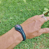 Handcrafted Genuine Green Vegetal Leather Bracelet with Gray Cat Eye Stone Setting-Unisex Gift Fashion Jewelry Cuff.