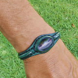 Handcrafted Genuine Green Vegetal Leather Bracelet with Gray Cat Eye Stone Setting-Unisex Gift Fashion Jewelry Cuff.