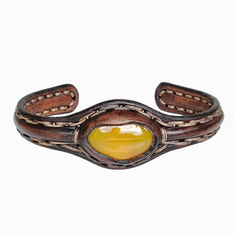 Boho Handcrafted Genuine Leather Bracelet with Yellow Agate Stone -Unisex Gift Fashion Jewelry Bracelet Cuff with Green Leather Strap