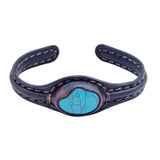 Handcrafted Genuine Black Vegetal Leather Bracelet with Firuze Stone Setting-Unisex Gift Fashion Jewelry Cuff