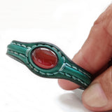 Handcrafted Genuine Green Vegetal Leather Bracelet with Red Agate Stone Setting-Unisex Gift-Fashion Jewelry Cuff