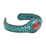 Handcrafted Genuine Green Vegetal Leather Bracelet with Red Agate Stone Setting-Unisex Gift-Fashion Jewelry Cuff