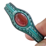 Handcrafted Genuine Green Vegetal Leather Bracelet with Red Agate Stone Setting-Unisex Gift-Fashion Jewelry Cuff