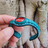 Handcrafted Genuine Green Vegetal Leather Bracelet with Red Agate Stone Setting-Unisex Gift-Fashion Jewelry Cuff