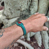 Handcrafted Genuine Green Vegetal Leather Bracelet with Red Agate Stone Setting-Unisex Gift-Fashion Jewelry Cuff