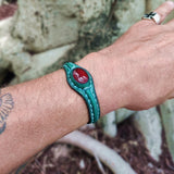 Handcrafted Genuine Green Vegetal Leather Bracelet with Red Agate Stone Setting-Unisex Gift-Fashion Jewelry Cuff