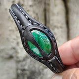 Handcrafted Genuine Black Vegetal Leather Bracelet with Malachite Stone Setting-Unisex Gift-Fashion Jewelry Cuff