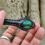 Handcrafted Genuine Black Vegetal Leather Bracelet with Malachite Stone Setting-Unisex Gift-Fashion Jewelry Cuff