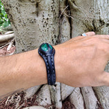 Handcrafted Genuine Black Vegetal Leather Bracelet with Malachite Stone Setting-Unisex Gift-Fashion Jewelry Cuff