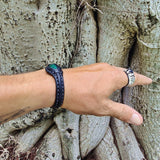 Handcrafted Genuine Black Vegetal Leather Bracelet with Malachite Stone Setting-Unisex Gift-Fashion Jewelry Cuff