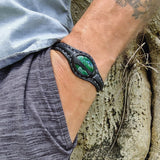 Handcrafted Genuine Black Vegetal Leather Bracelet with Malachite Stone Setting-Unisex Gift-Fashion Jewelry Cuff