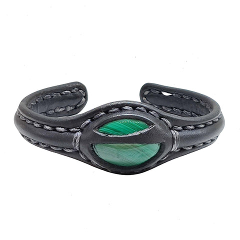 Handcrafted Genuine Black Vegetal Leather Bracelet with Malachite Stone Setting-Unisex Gift-Fashion Jewelry Cuff