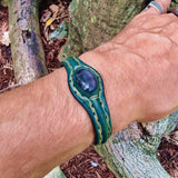 Handcrafted Genuine Green Vegetal Leather Bracelet with Gray Cat Eye Stone Setting-Unisex Gift-Fashion Jewelry Cuff