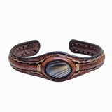 Handcrafted Genuine Brown Vegetal Leather Bracelet with Gray Agate Stone Setting-Unisex Gift Fashion Jewelry Cuff