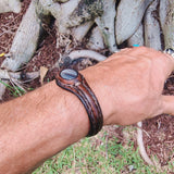 Handcrafted Genuine Brown Vegetal Leather Bracelet with Gray Agate Stone Setting-Unisex Gift Fashion Jewelry Cuff