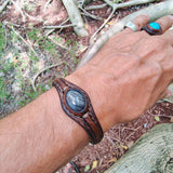 Handcrafted Genuine Brown Vegetal Leather Bracelet with Gray Agate Stone Setting-Unisex Gift Fashion Jewelry Cuff