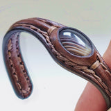 Handcrafted Genuine Brown Vegetal Leather Bracelet with Gray Agate Stone Setting-Unisex Gift Fashion Jewelry Cuff