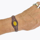 Handcrafted Genuine Vegetal Leather Bracelet with Yellow Agate Stone Setting-Unisex Gift - Fashion Jewelry Cuff