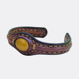 Handcrafted Genuine Vegetal Leather Bracelet with Yellow Agate Stone Setting-Unisex Gift - Fashion Jewelry Cuff