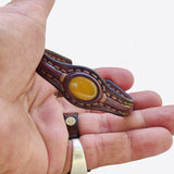 Handcrafted Genuine Vegetal Leather Bracelet with Yellow Agate Stone Setting-Unisex Gift - Fashion Jewelry Cuff