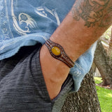 Handcrafted Genuine Vegetal Leather Bracelet with Yellow Agate Stone Setting-Unisex Gift - Fashion Jewelry Cuff