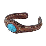 Handcrafted Genuine Vegetal Leather Bracelet with Firuze Stone Setting-Unisex Gift-Unique Fashion Jewelry Cuff-Small